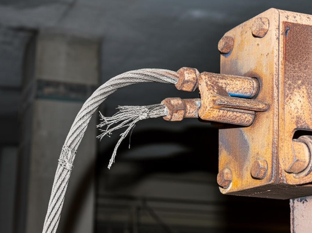 Ảnh chụp cận cảnh palang điện cáp bị đứt và gỉ sét tại một công trường xây dựng.