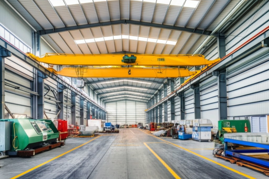 Ảnh chụp nhà máy hiện đại với hệ thống cầu trục, không có người.