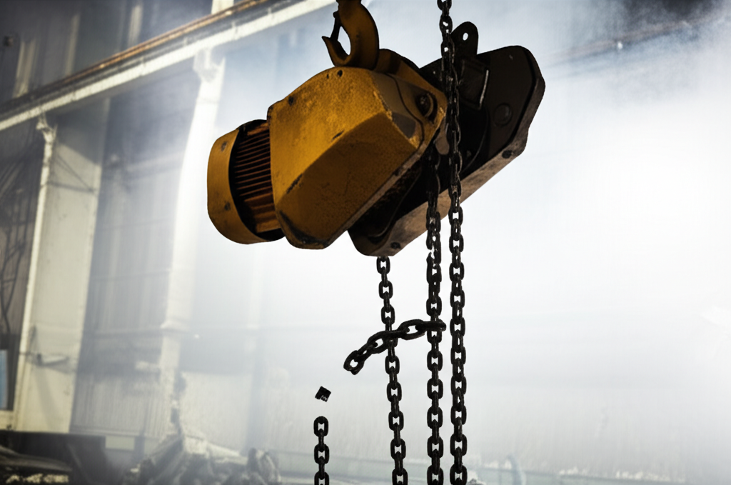 Hình ảnh palang điện xích bị hỏng nặng với xích đứt và các bộ phận móp méo trong một nhà máy bỏ hoang.