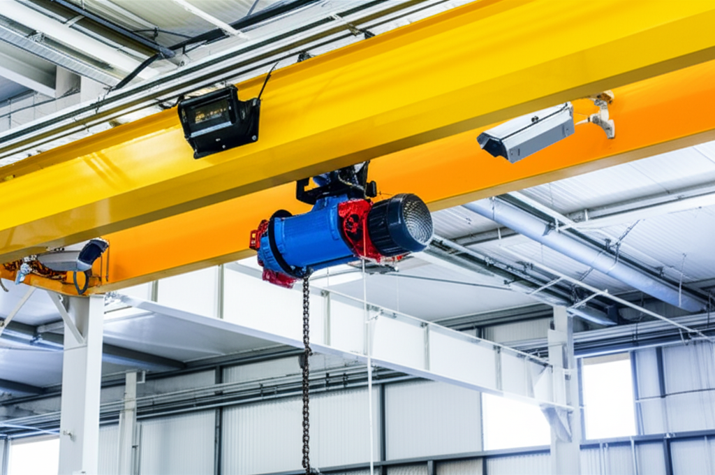 Hình ảnh hệ thống cầu trục hiện đại với palang điện và camera giám sát trong môi trường làm việc.