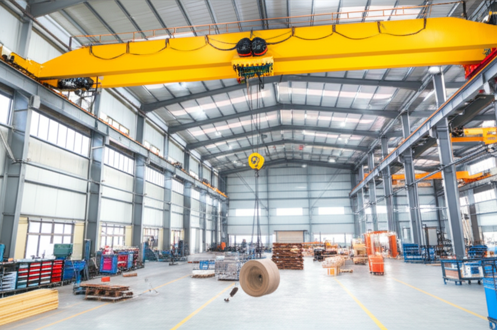 Hình ảnh nhà máy sản xuất hiện đại với hệ thống cầu trục đang hoạt động, không có người.