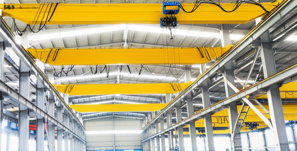 Hình ảnh so sánh trực quan giữa cầu trục dầm đơn và cầu trục dầm đôi trong nhà xưởng, thể hiện sự khác biệt về tải trọng và thiết kế.