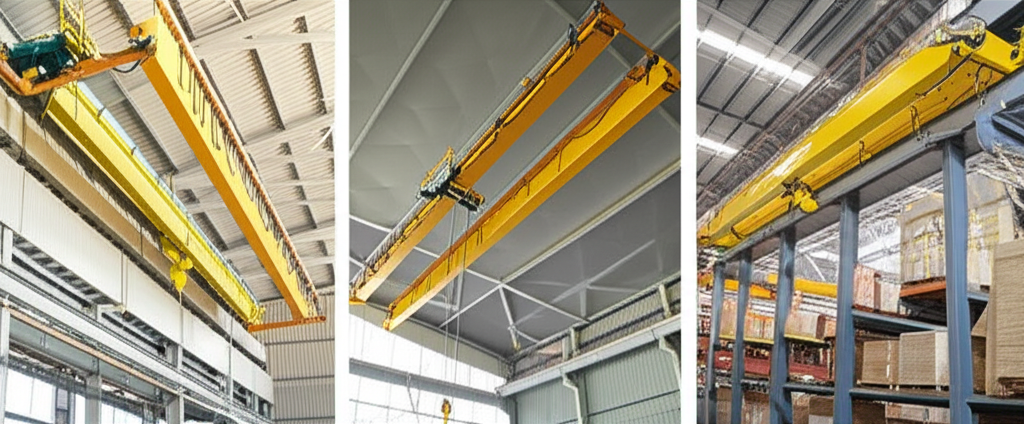 Hình ảnh ba loại cầu trục dầm đơn khác nhau: cầu trục dầm đơn treo, cầu trục dầm đơn tựa và cầu trục dầm đơn dưới, được đặt trong bối cảnh nhà xưởng công nghiệp.
