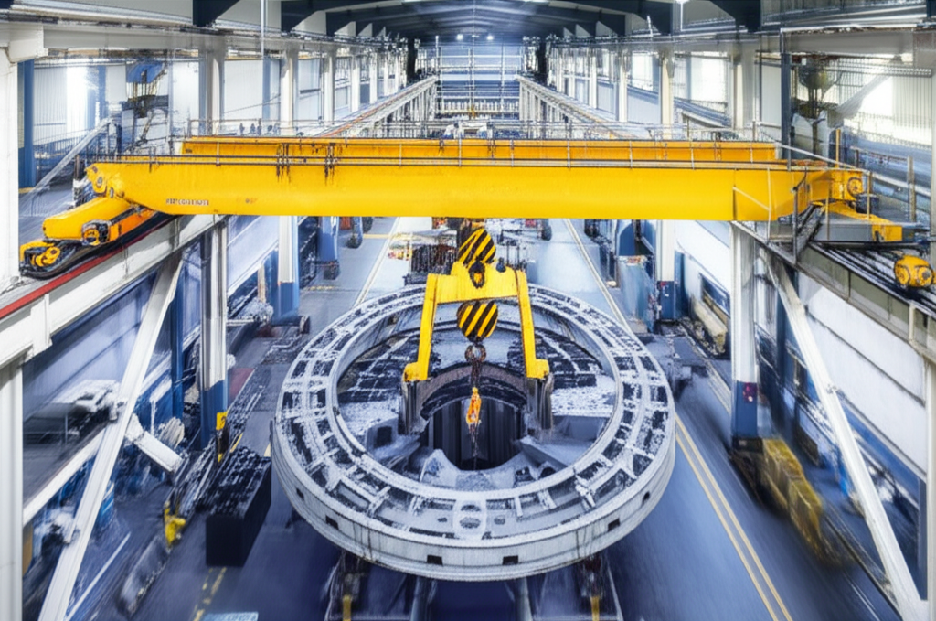 Hình ảnh cầu trục xoay đang được sử dụng trong nhà máy cơ khí để nâng các bộ phận máy móc.