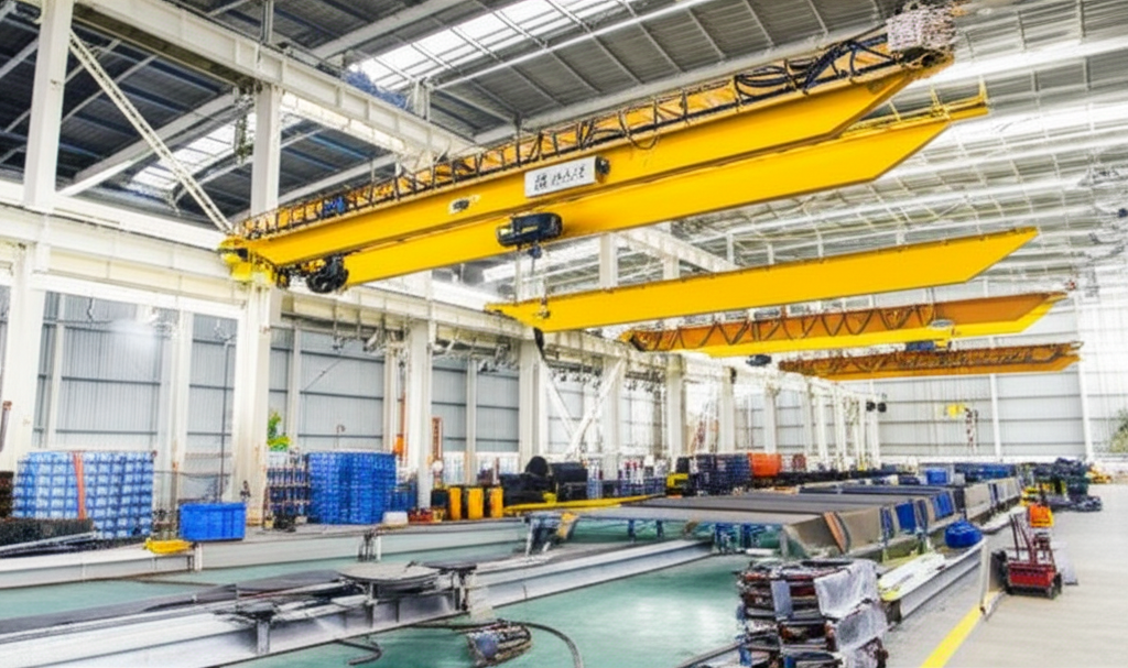 Ảnh chụp nhà xưởng với cầu trục dầm đơn, cầu trục dầm đôi và cầu trục treo đang hoạt động.