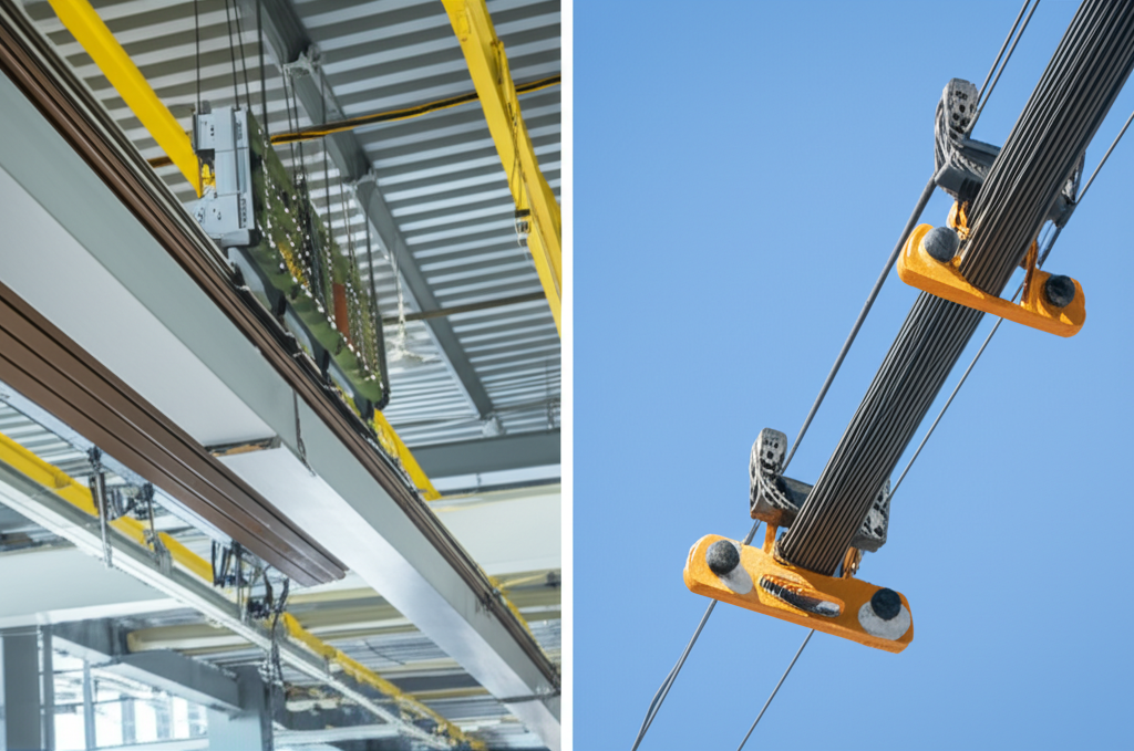 Hình ảnh so sánh ray điện an toàn có bảo vệ và hệ thống cáp dẹt treo trên máng cho cầu trục.