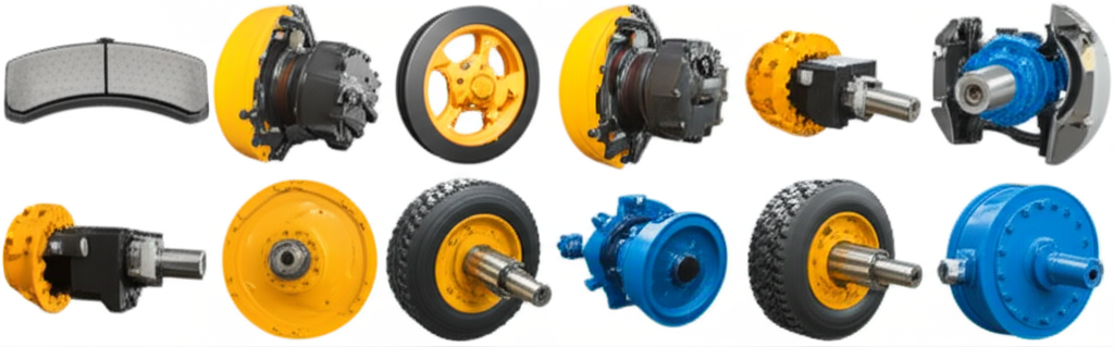 Ảnh chụp cận cảnh các bộ phận cầu trục như má phanh, bánh răng, bánh xe và khớp nối.