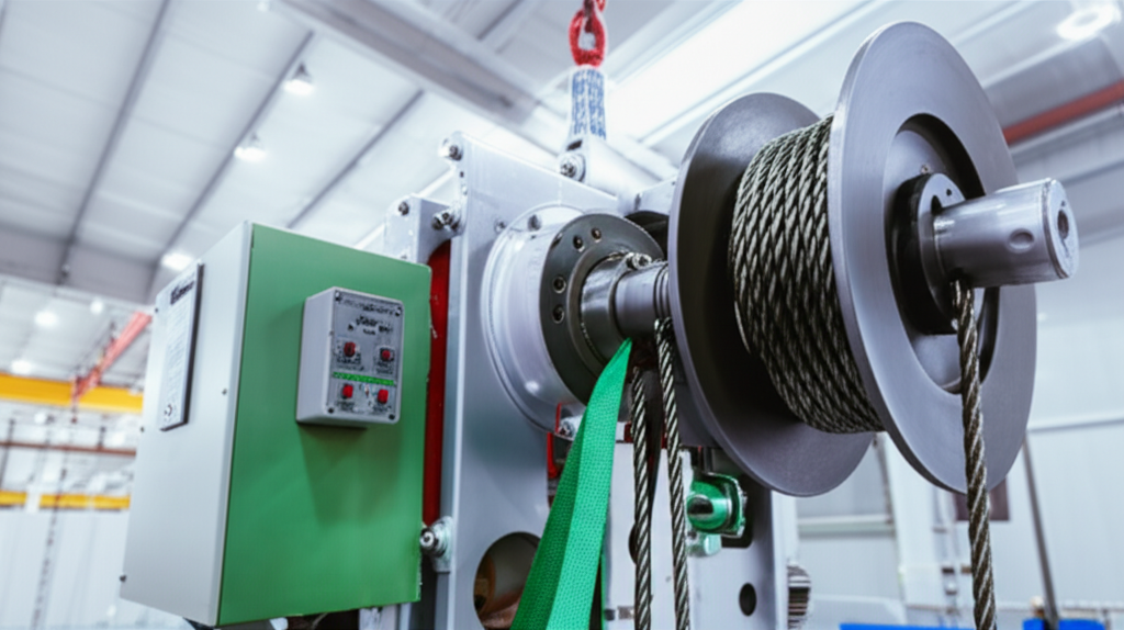 Ảnh chụp cận cảnh các bộ phận má phanh, bánh xe và biến tần của pa lăng điện cáp trong nhà máy sản xuất phụ kiện cầu trục.