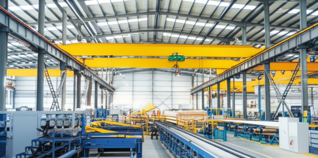 Hình ảnh dây chuyền sản xuất hiện đại trong nhà máy, với cầu trục 5 tấn dầm đôi đang di chuyển vật liệu một cách trơn tru, không có người trong ảnh.