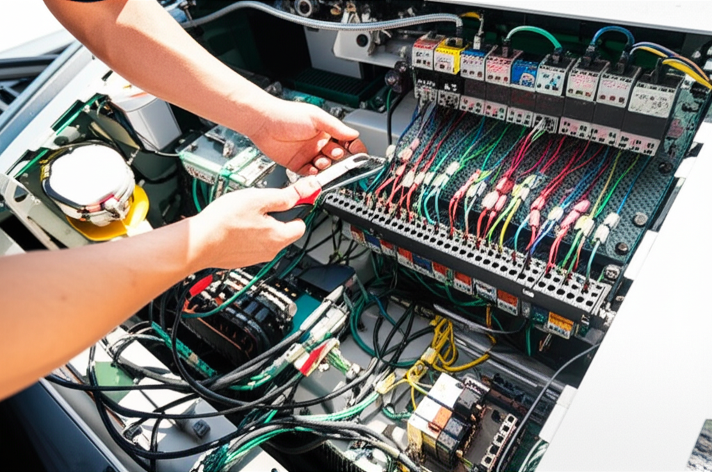 Hình ảnh hệ thống điều khiển cầu trục đang được bảo trì, tập trung vào các kết nối điện và linh kiện.