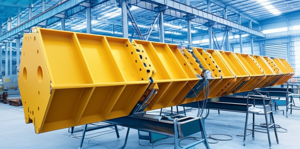 Hình ảnh kiểm tra mối hàn trên dầm cầu trục trong nhà máy sản xuất.