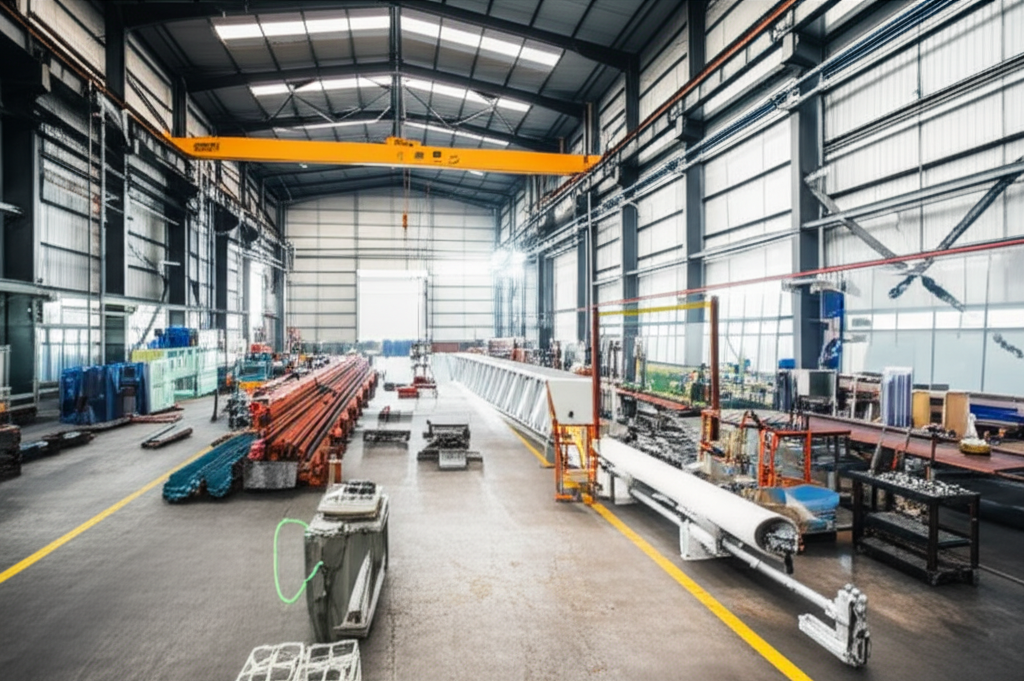 Hình ảnh nhà xưởng với cầu trục đang được lắp đặt, ánh sáng tự nhiên.