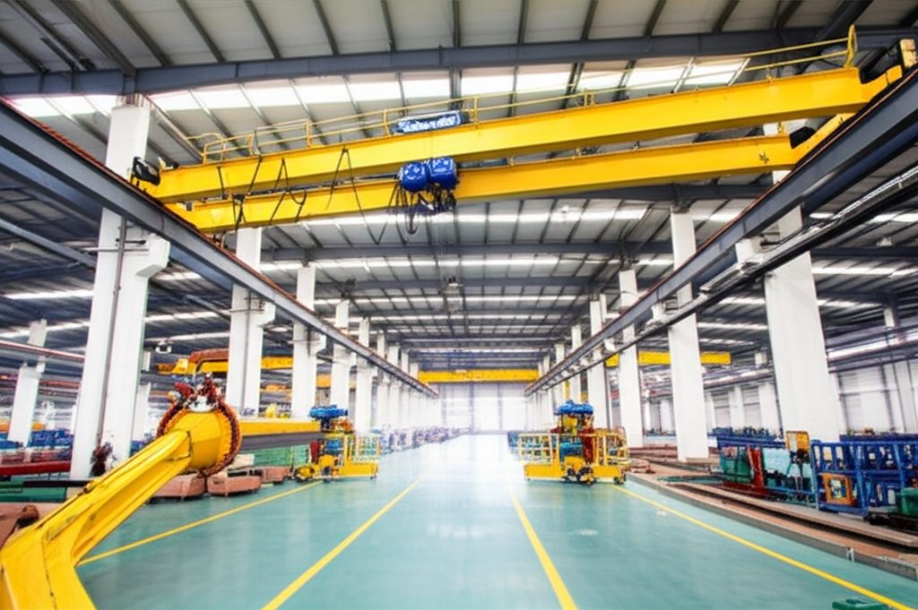 Sơ đồ chi tiết quy trình sản xuất, có cầu trục 5 tấn dầm đôi, thể hiện sự liên kết giữa các công đoạn.