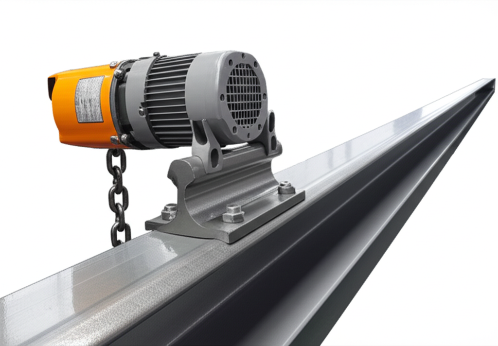 Ảnh cận cảnh ray cầu trục và palang điện, thể hiện sự chắc chắn và chính xác.