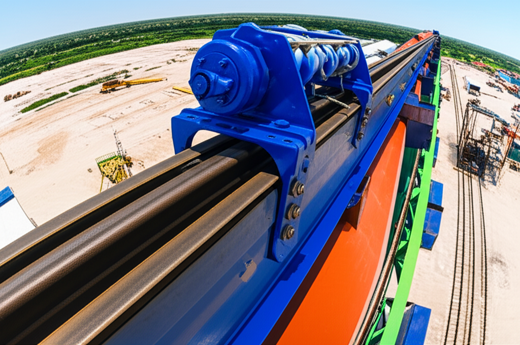 Ảnh chụp hệ thống ray cầu trục, thể hiện cấu trúc và cách lắp đặt.