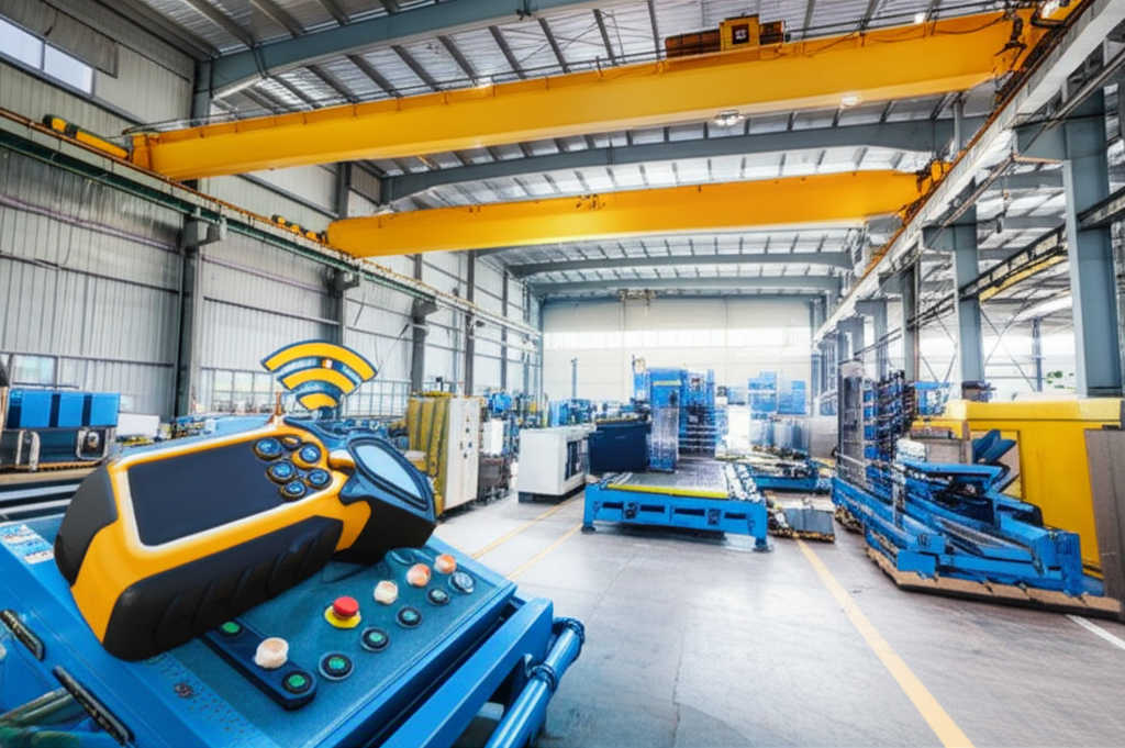 Hình ảnh nhà máy sản xuất với cầu trục lớn và remote điều khiển từ xa đặt trên bảng điều khiển.