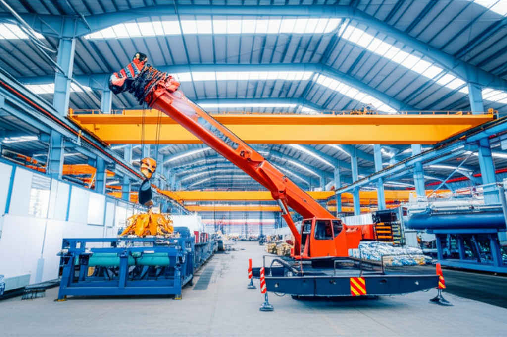 Hình ảnh cầu trục trong nhà máy cho thấy nguy cơ va chạm tiềm ẩn với các thiết bị khác.