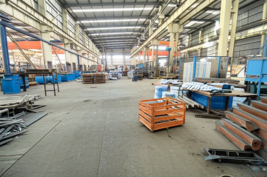 Hình ảnh một nhà máy sản xuất với các vật liệu nặng và kiện hàng bị rơi, cho thấy hoạt động sản xuất vất vả.