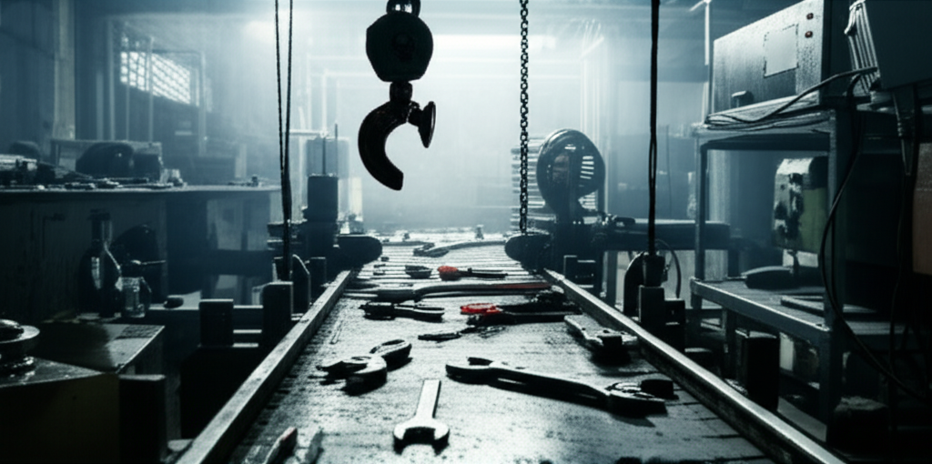 Ảnh chụp nhà máy sản xuất bị dừng hoạt động do sự cố tời điện, thể hiện sự trì trệ.