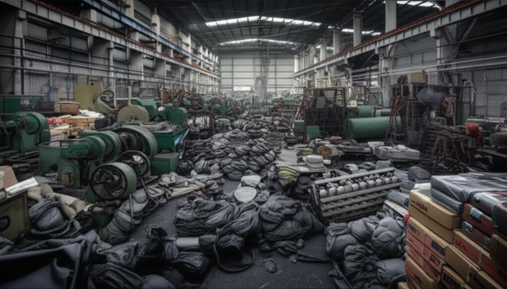 Ảnh chụp bên trong nhà máy sản xuất với nhiều vật liệu nặng và công cụ, cho thấy dấu hiệu của hoạt động sản xuất vất vả.