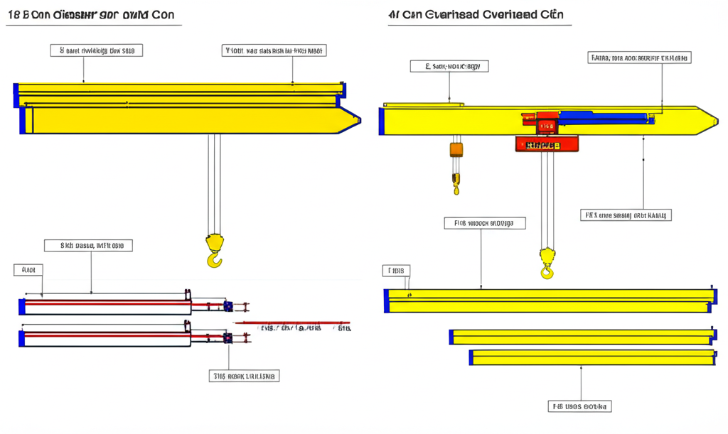 Bản vẽ kỹ thuật so sánh cầu trục 3 tấn dầm đơn, 5 tấn và cầu trục dầm đôi.