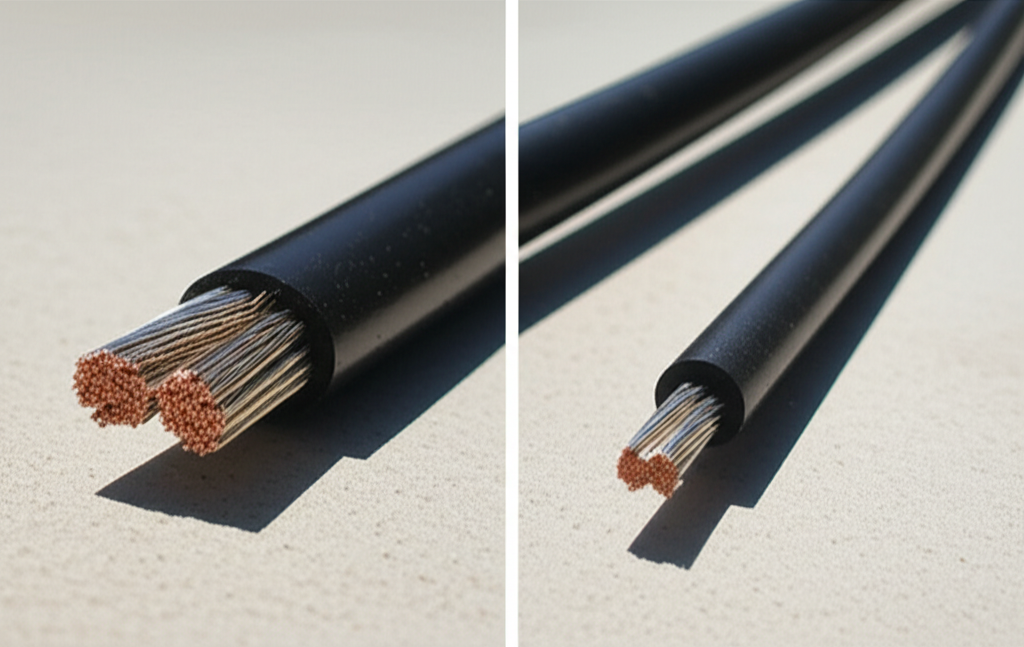 Ảnh chụp so sánh cáp dẹt và cáp tròn, thể hiện rõ sự khác biệt về hình dạng và cấu trúc.