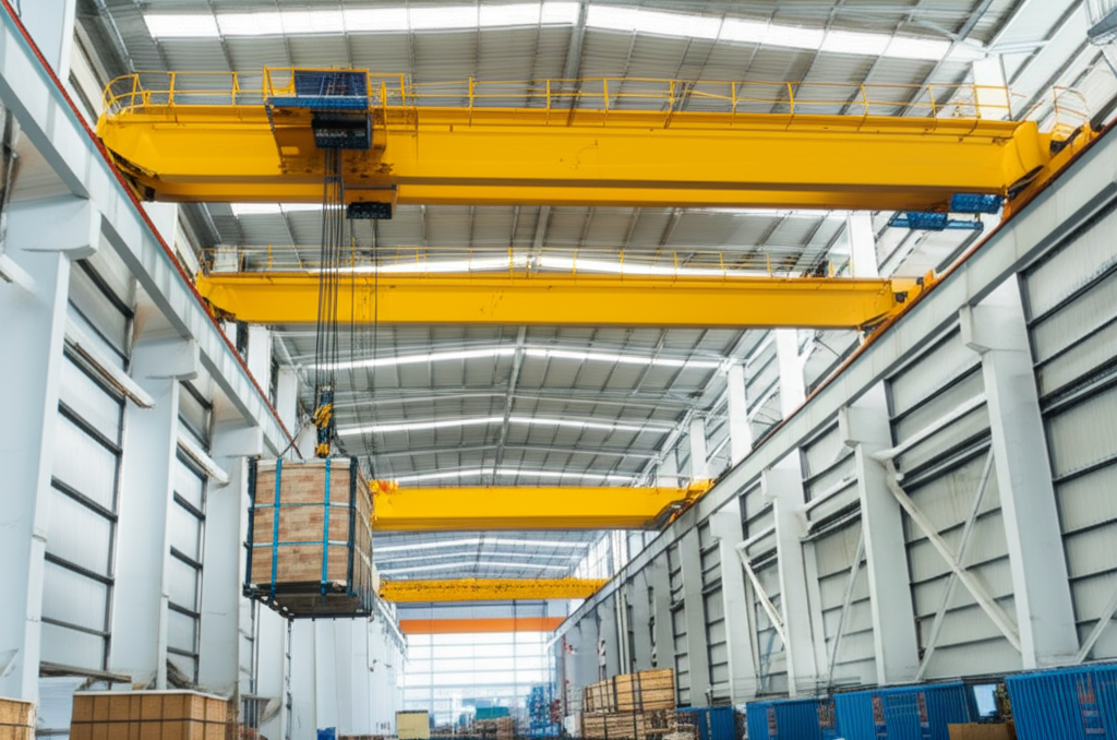Hình ảnh hai cầu trục (một dầm đôi và một dầm đơn) đang hoạt động trong một nhà máy với ánh sáng tự nhiên.