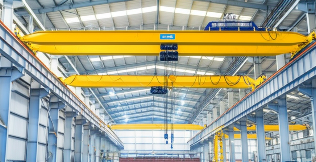 Hình ảnh so sánh cầu trục dầm đơn và dầm đôi trong nhà xưởng, thể hiện sự khác biệt về kích thước và khả năng nâng tải.