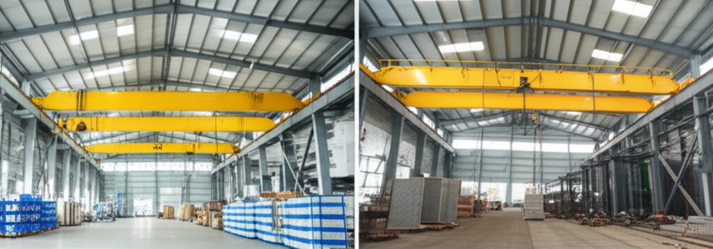 Ảnh so sánh hai nhà máy: một bên sử dụng cầu trục 5 tấn dầm đôi gọn gàng, bên còn lại dùng phương pháp nâng hạ thủ công lộn xộn.