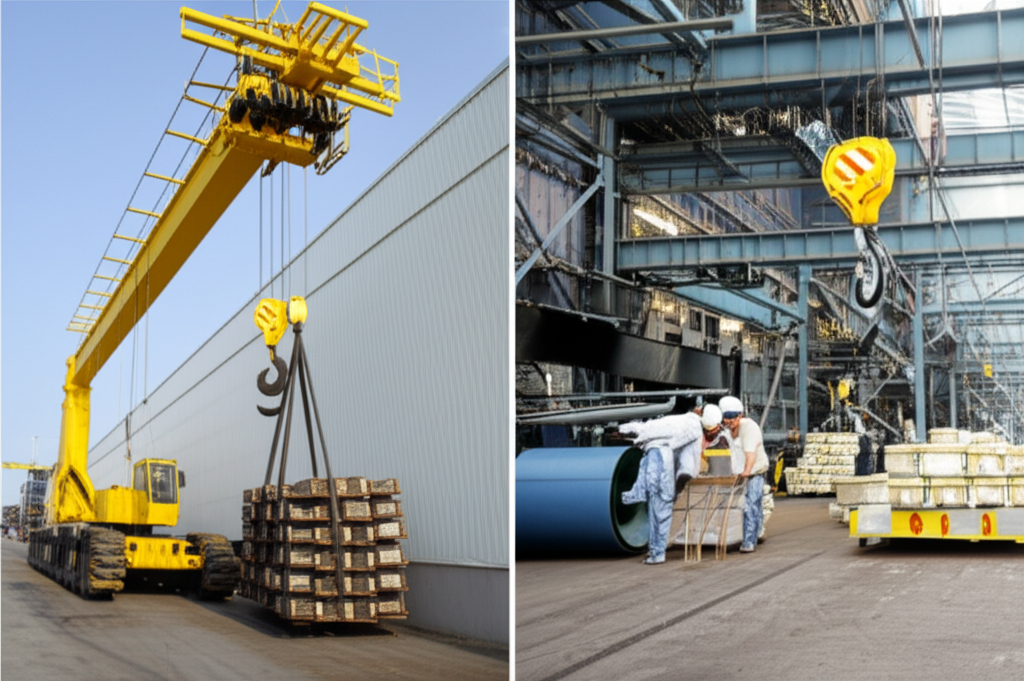 Ảnh so sánh trực quan giữa quy trình sản xuất sử dụng cầu trục và quy trình thủ công, tập trung vào thiết bị và luồng công việc.