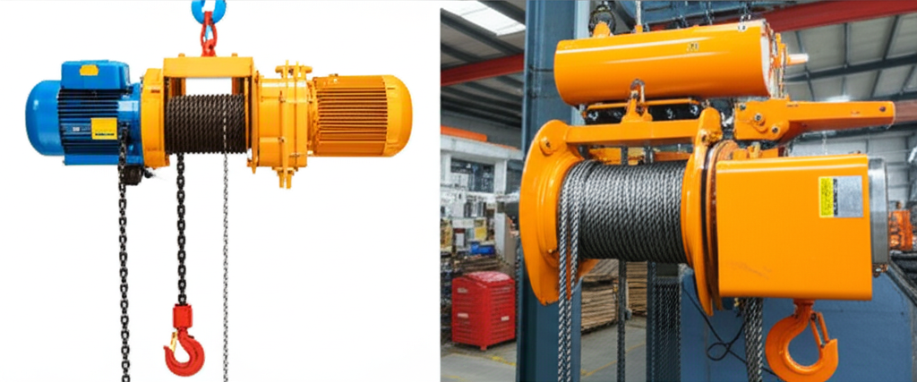 Ảnh so sánh palang điện xích và palang điện cáp, thể hiện sự khác biệt về cấu tạo và kích thước.