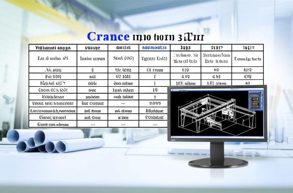 Bảng so sánh thông số kỹ thuật giữa cầu trục 3 tấn dầm đơn và các loại cầu trục khác trong văn phòng kỹ thuật.