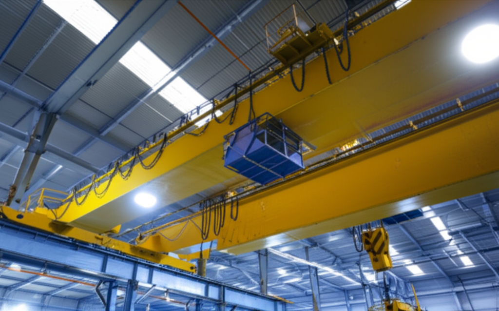 Ảnh chụp cận cảnh vết nứt trên mối hàn dầm cầu trục trong nhà xưởng, ánh sáng tốt.