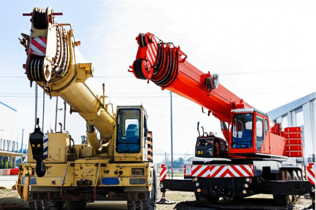 Hình ảnh hai cần cẩu trong môi trường tự nhiên, một cái cũ kỹ và một cái hiện đại, thể hiện sự khác biệt công nghệ.