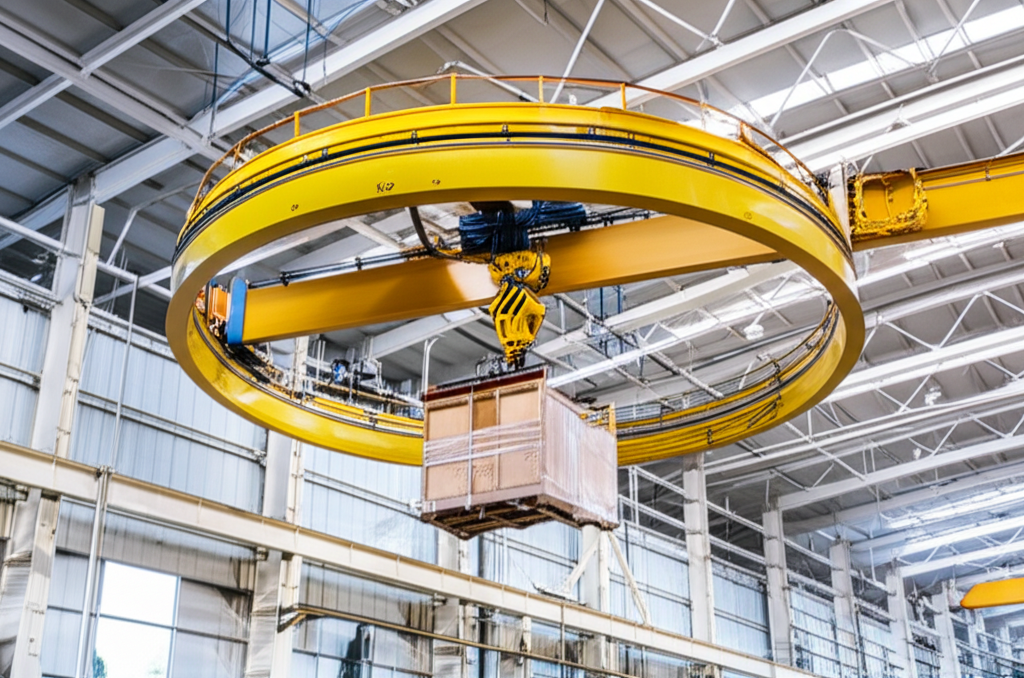 Hình ảnh nhà máy hiện đại với cầu trục xoay đang nâng một kiện hàng.