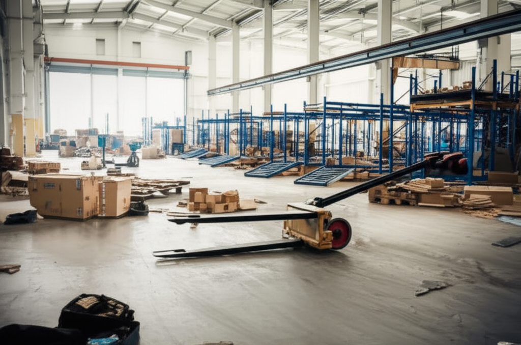 Hình ảnh hiện trường sau tai nạn lao động trong nhà xưởng, với hàng hóa bị hư hỏng và thiết bị đổ vỡ.