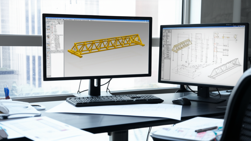 Hình ảnh không gian làm việc của kỹ sư cơ khí với mô hình 3D dầm cầu trục trên màn hình máy tính.