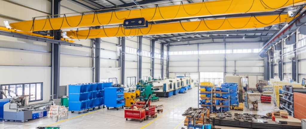 Ảnh chụp nhà máy hiện đại với hệ thống cầu trục 5 tấn, sạch sẽ và gọn gàng.