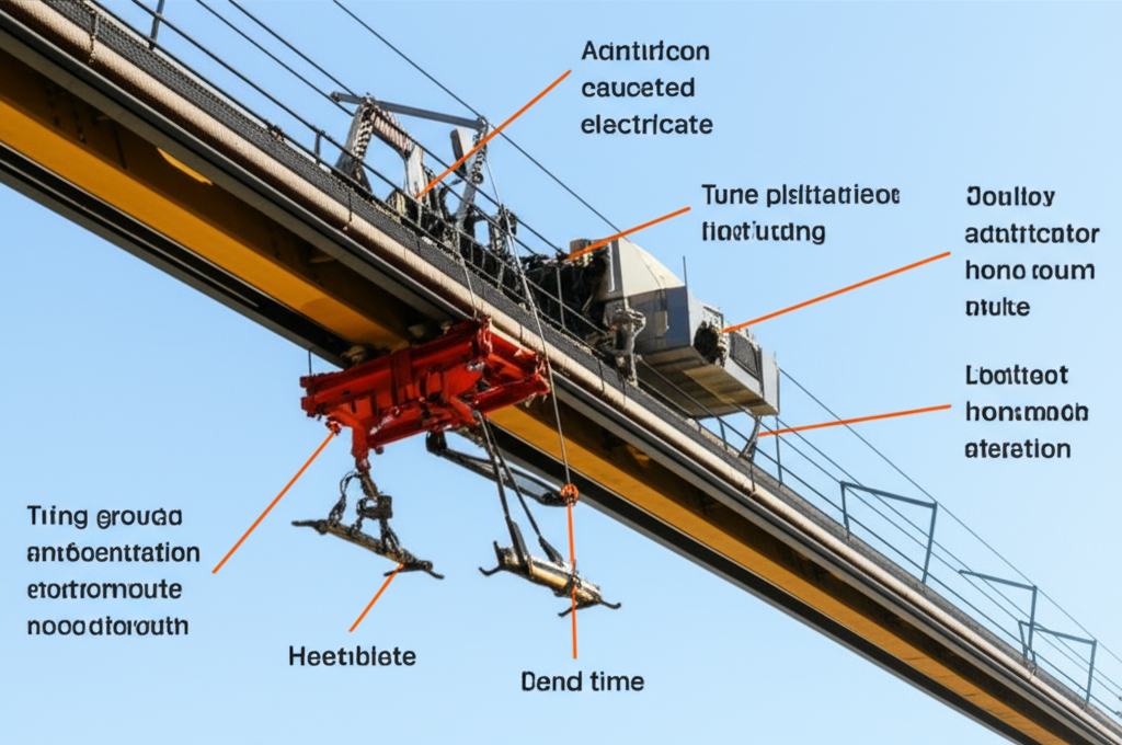 Ảnh chụp hệ thống thanh dẫn điện được lắp đặt dọc theo ray cầu trục, với chú thích rõ ràng các thành phần chính.