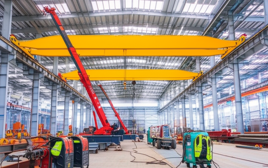 Ảnh chụp công trường xây dựng bên trong nhà máy với cầu trục đang được lắp đặt, không có người.