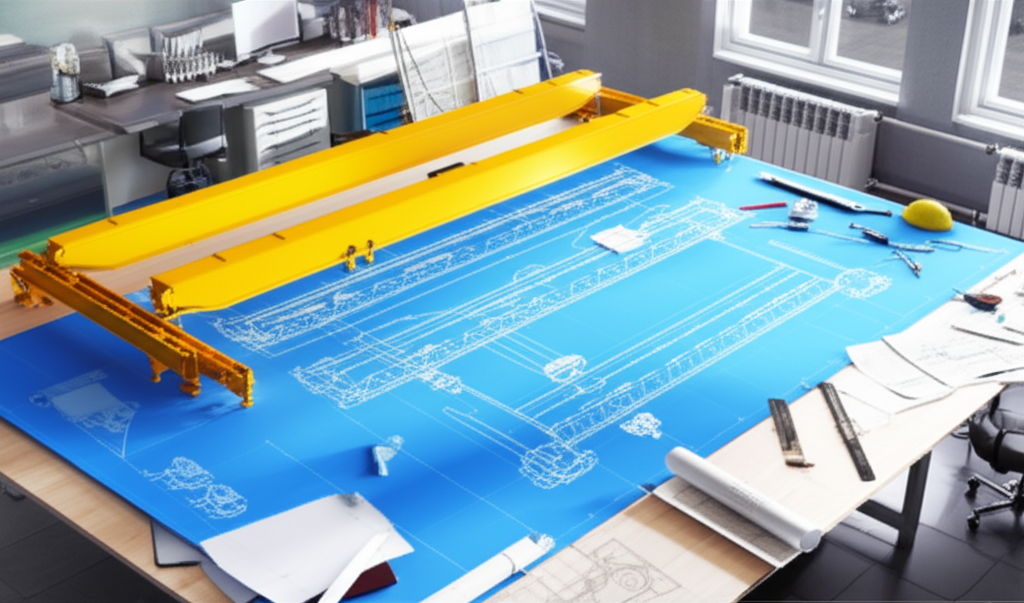 Bản vẽ kỹ thuật của cầu trục 5 tấn dầm đôi, hiển thị các thông số kỹ thuật quan trọng trên bàn vẽ trong văn phòng kỹ thuật.