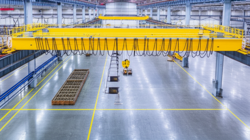 Hình ảnh cầu trục hai dầm đang nâng một kiện hàng nặng trong môi trường nhà máy, với các bộ phận như ray, bánh xe và hệ thống điều khiển được chiếu sáng tốt.