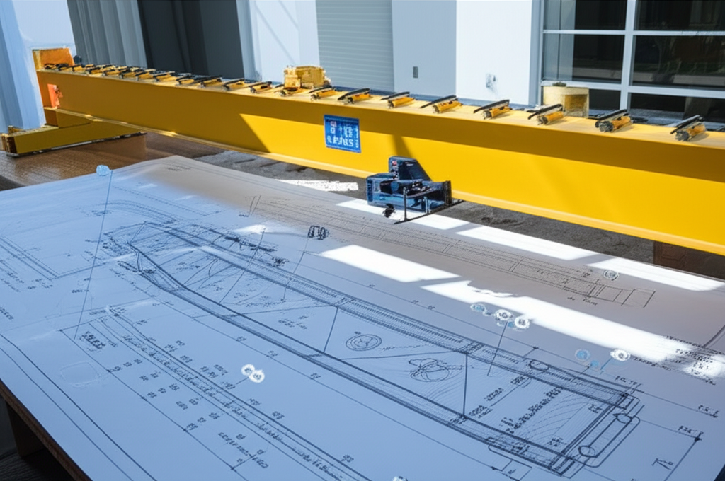 Bản vẽ kỹ thuật mô tả chi tiết dầm cầu trục, với các thông số kỹ thuật và tiêu chuẩn được ghi chú rõ ràng, đặt trên bàn làm việc.