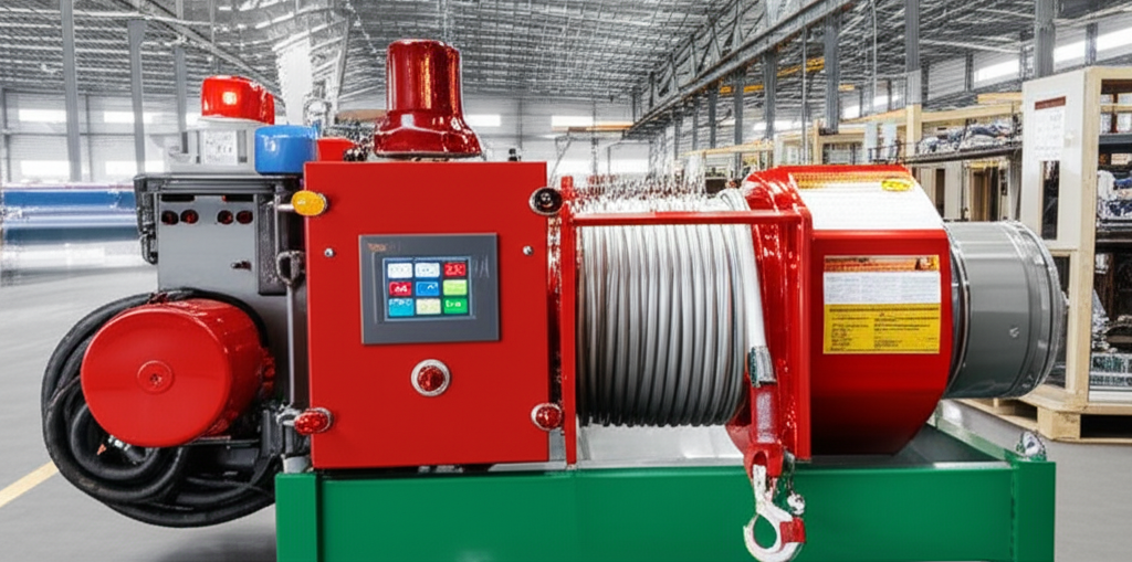 Hình ảnh tời điện được trang bị hệ thống cảnh báo an toàn, bao gồm đèn báo, còi báo và màn hình hiển thị thông số, trong một nhà máy sản xuất.