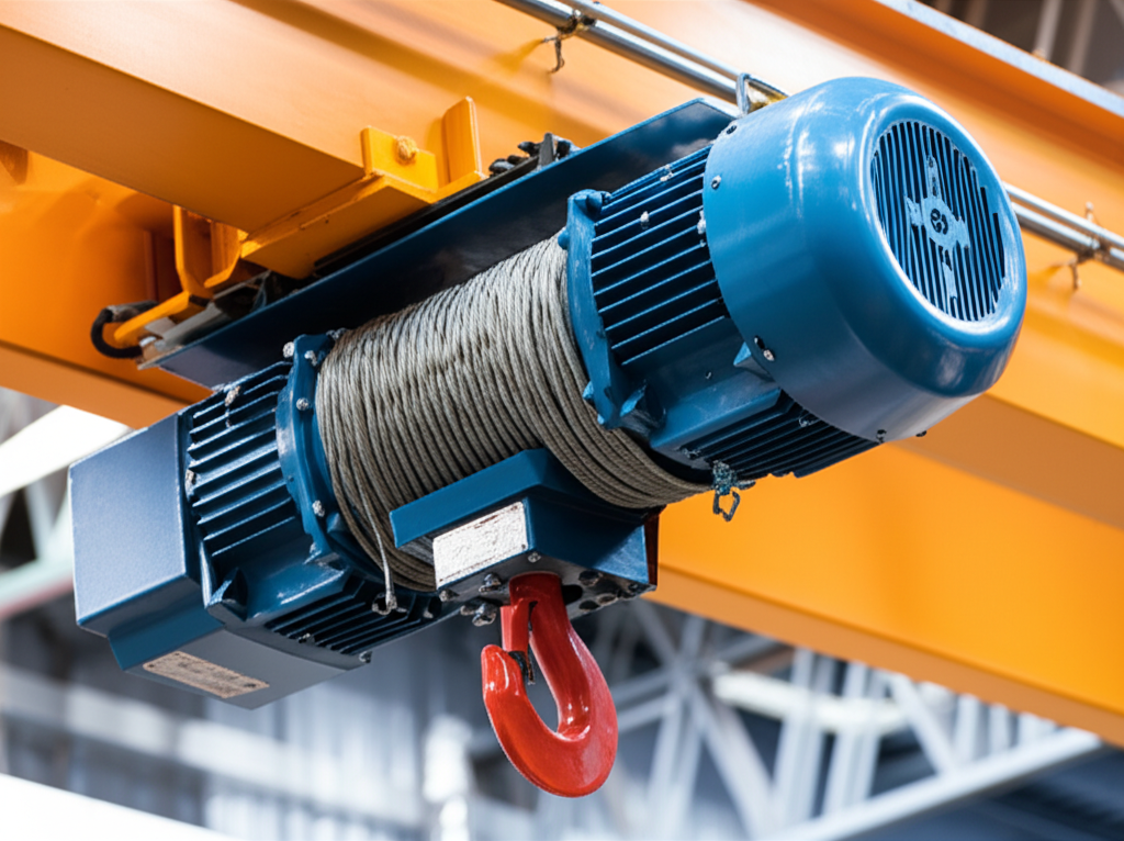Ảnh cận cảnh chi tiết của một tời điện trên cầu trục, hiển thị động cơ, hộp giảm tốc và các bộ phận khác.