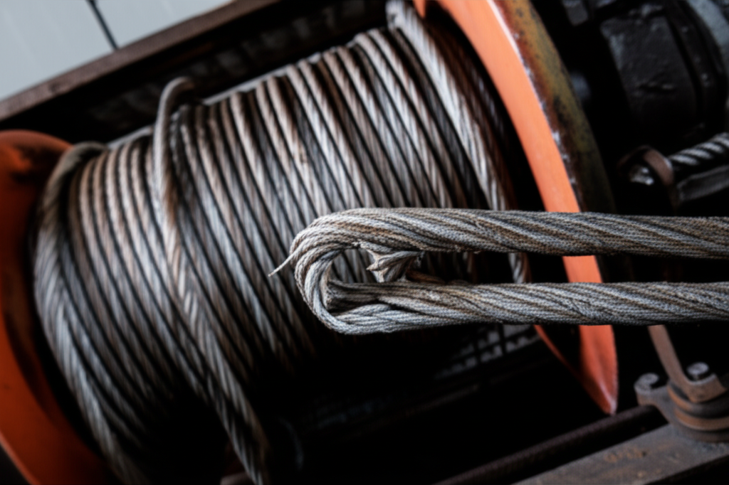 Hình ảnh một chiếc tời điện bị hỏng với dây cáp đứt và các bộ phận bị ăn mòn trong một nhà máy tối.