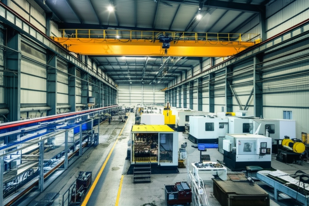 Hình ảnh nhà máy hiện đại với cầu trục, thể hiện sự tự động hóa và hiệu quả cao, không có người.