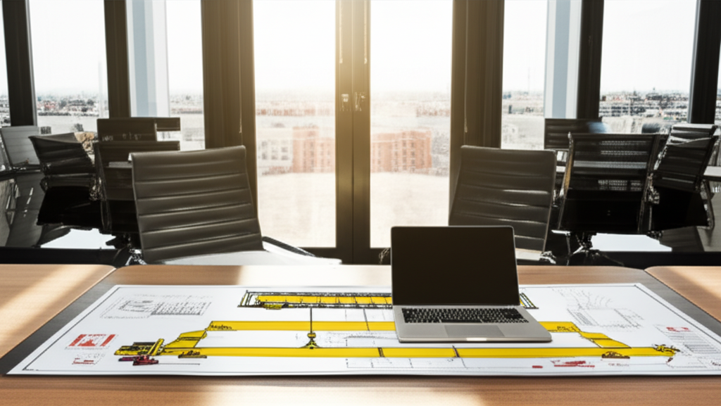 Ảnh văn phòng làm việc hiện đại với tài liệu và bản vẽ về dầm cầu trục, gợi ý cuộc họp tư vấn.