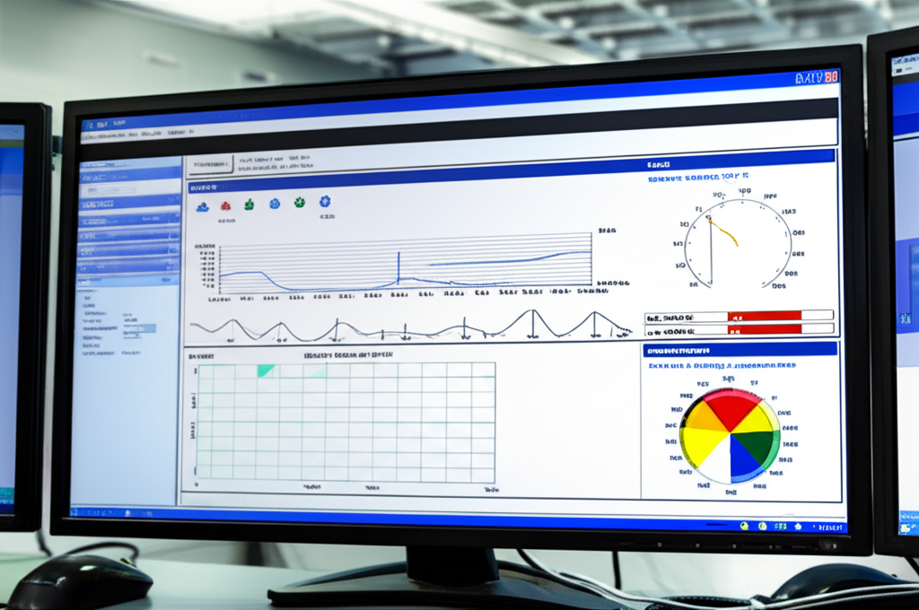 Màn hình máy tính hiển thị thông số về tải trọng, thời gian làm việc và mức tiêu thụ điện năng của cầu trục trong phòng điều khiển công nghiệp.