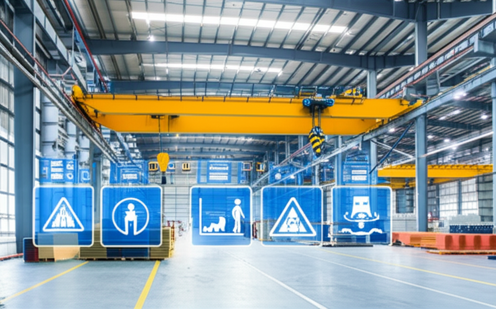 Ảnh chụp cầu trục đang hoạt động hiệu quả trong nhà máy hiện đại với các biểu tượng an toàn và hiệu quả.
